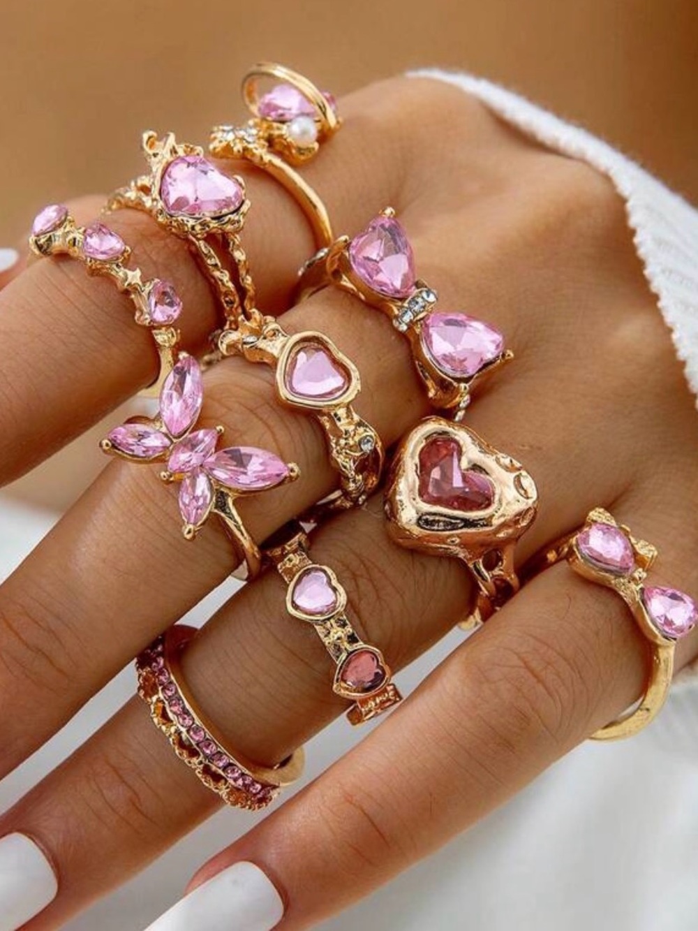 Elegant pink crystal ring set